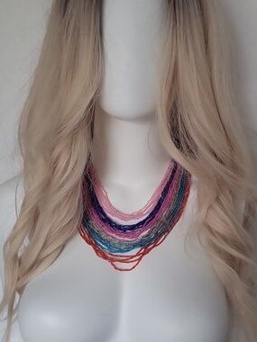 Multistrand Seed Bead Statement Necklace in Pink, Blue & Orange